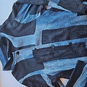 Ego Wearable Art Blue Black Colorblock 100% Silk Button Up Blouse Jacket L